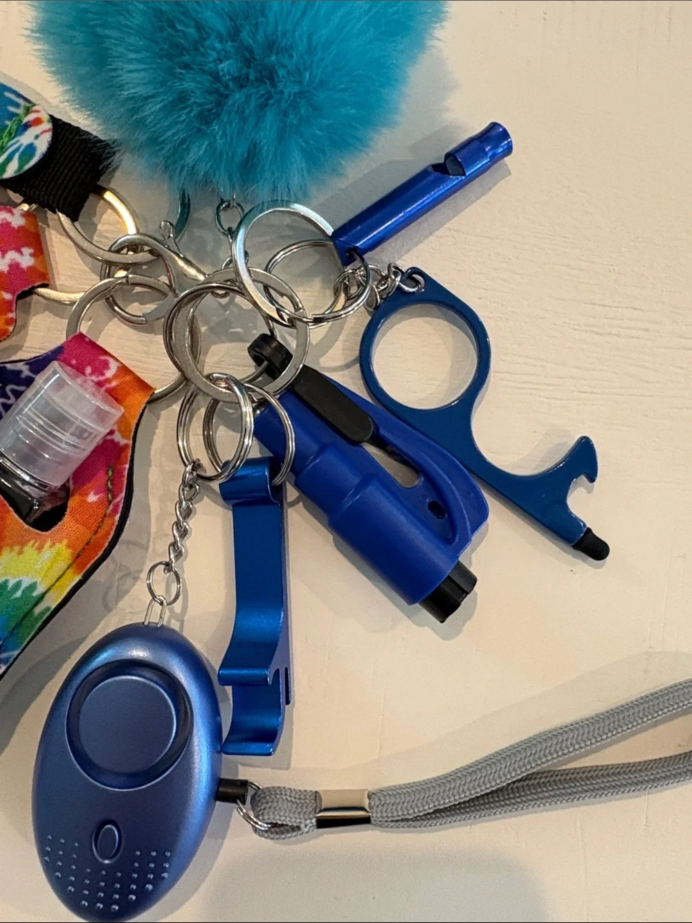 Blue Pom Pom Keychain Safety Set with Tie-Dye Accessories